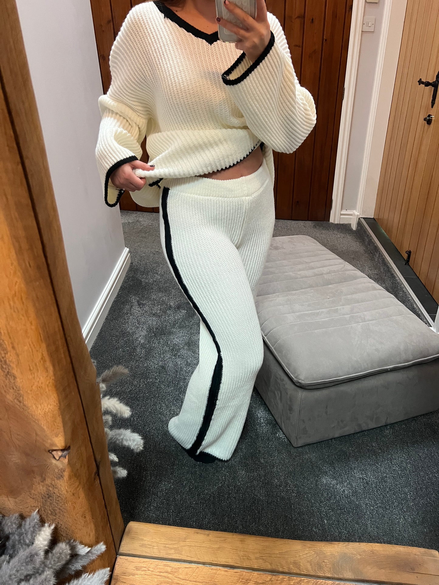 White knit v-neck jumper and trouser set