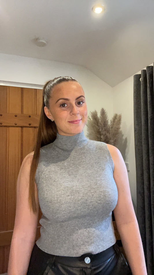 Grey sleeveless high neck top