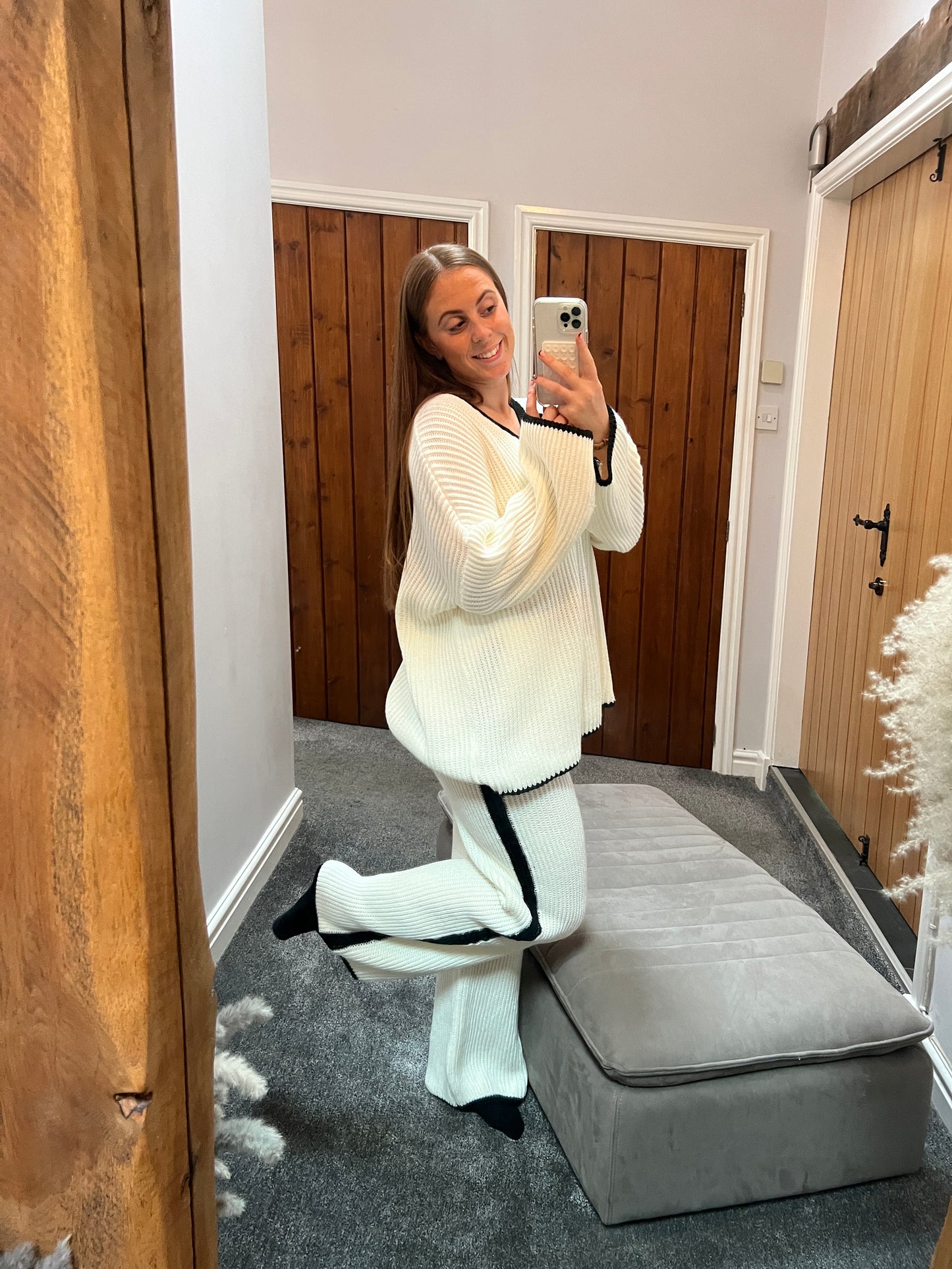 White knit v-neck jumper and trouser set