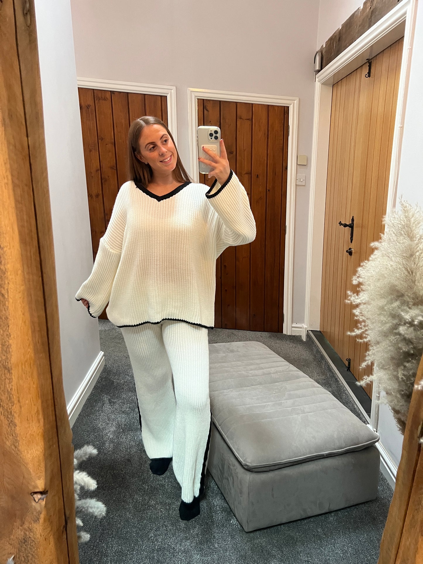 White knit v-neck jumper and trouser set