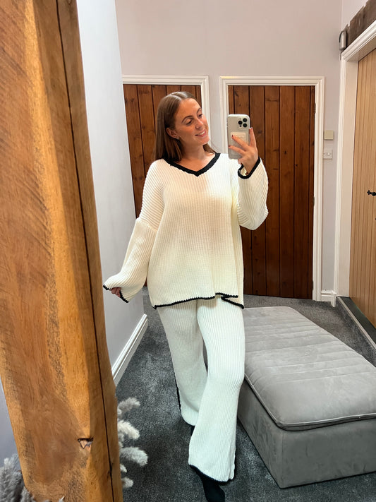 White knit v-neck jumper and trouser set